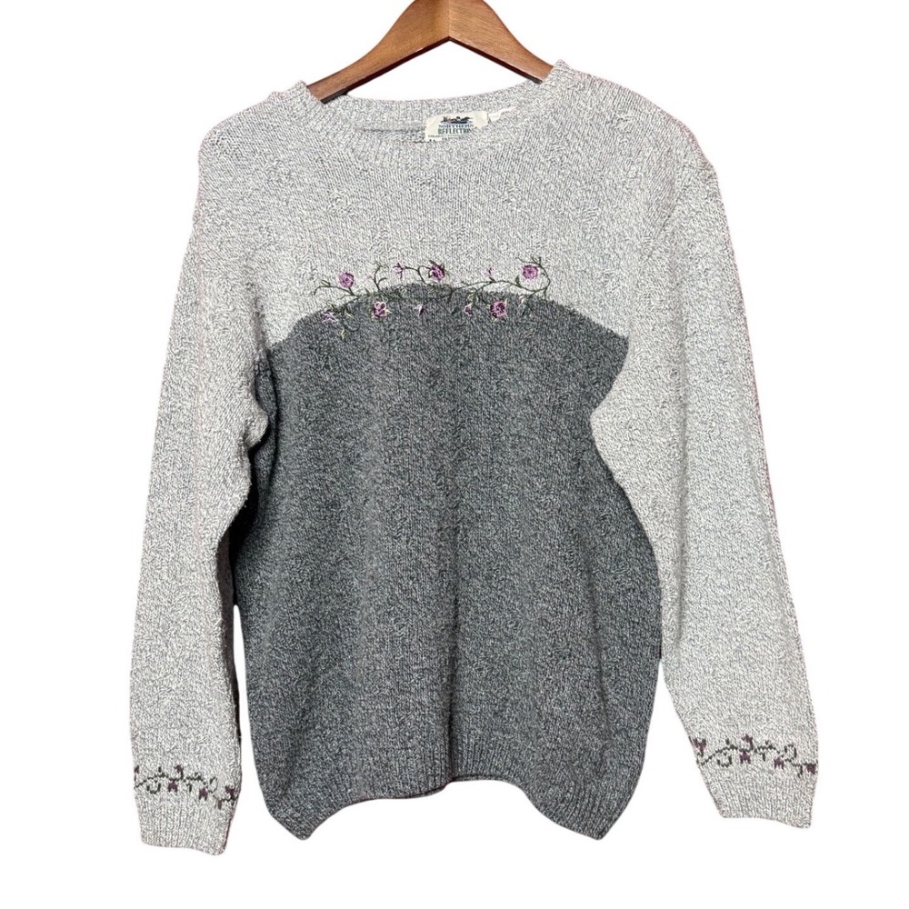 VTG Northern Reflections Women Medium Grey Colorblock Floral Embroidered Sweater
